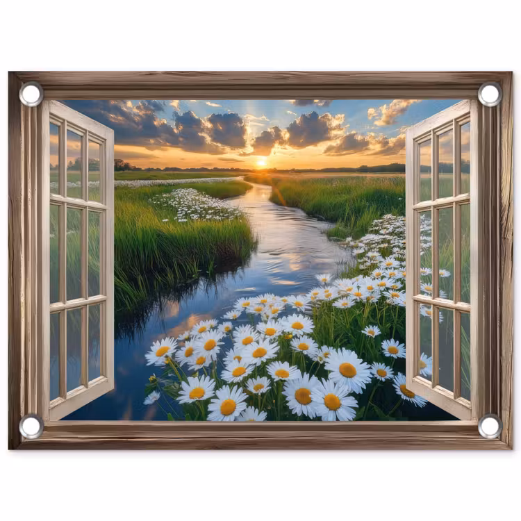Tuinposter - Doorkijk - Landschap - Raam - Water - Zonsondergang — 1