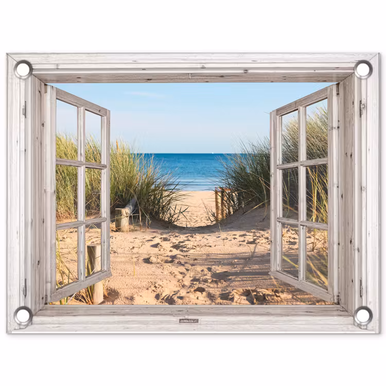 Tuinposter - Doorkijk - Strand - Zee - Duinen - Zand - Water - Helmgras — 1