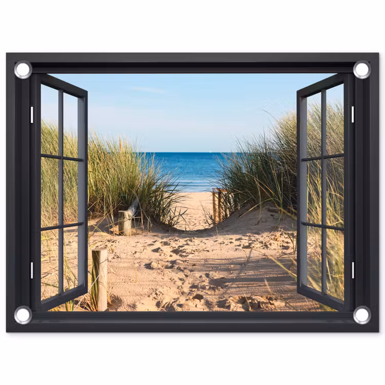 Tuinposter - Doorkijk - Strand - Zee - Zand - Water - Helmgras - Duinen — 1