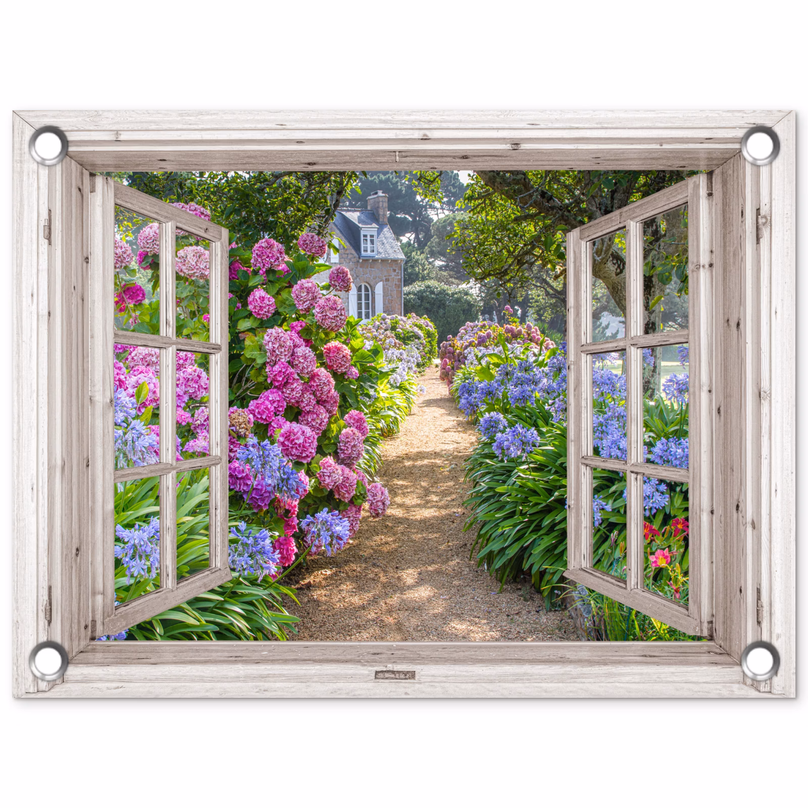 Tuinposter - Hortensia - Doorkijk - Bloemen - Zomer - Paars - Pad — 1
