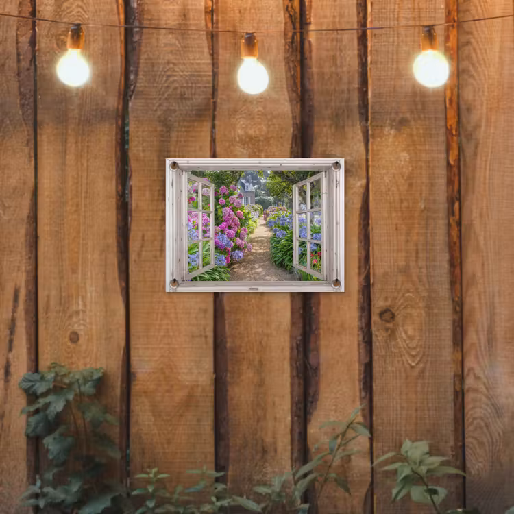 Tuinposter - Hortensia - Doorkijk - Bloemen - Zomer - Paars - Pad — 2