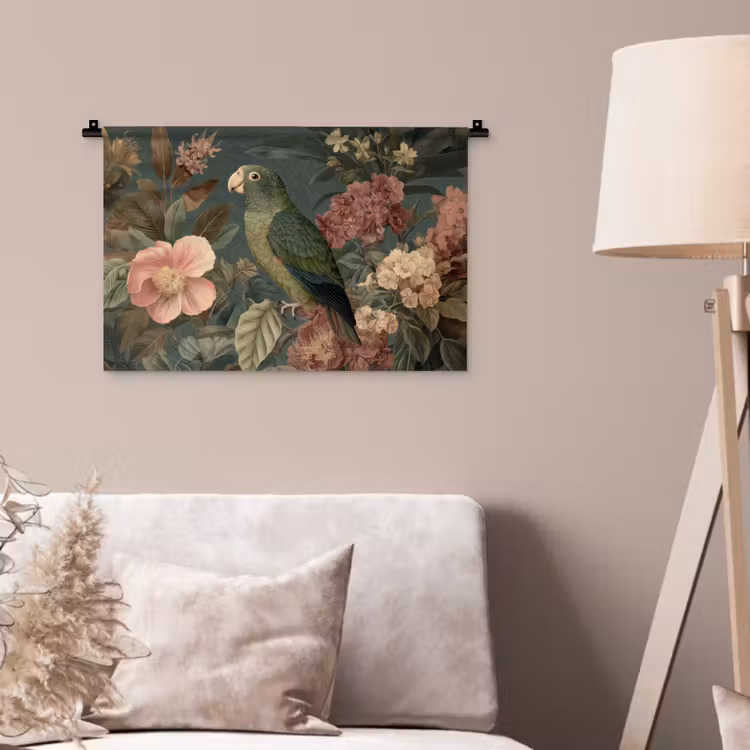 Wandkleed - Groene papegaai - Kleurrijke bloemen - Donkere achtergrond — 2