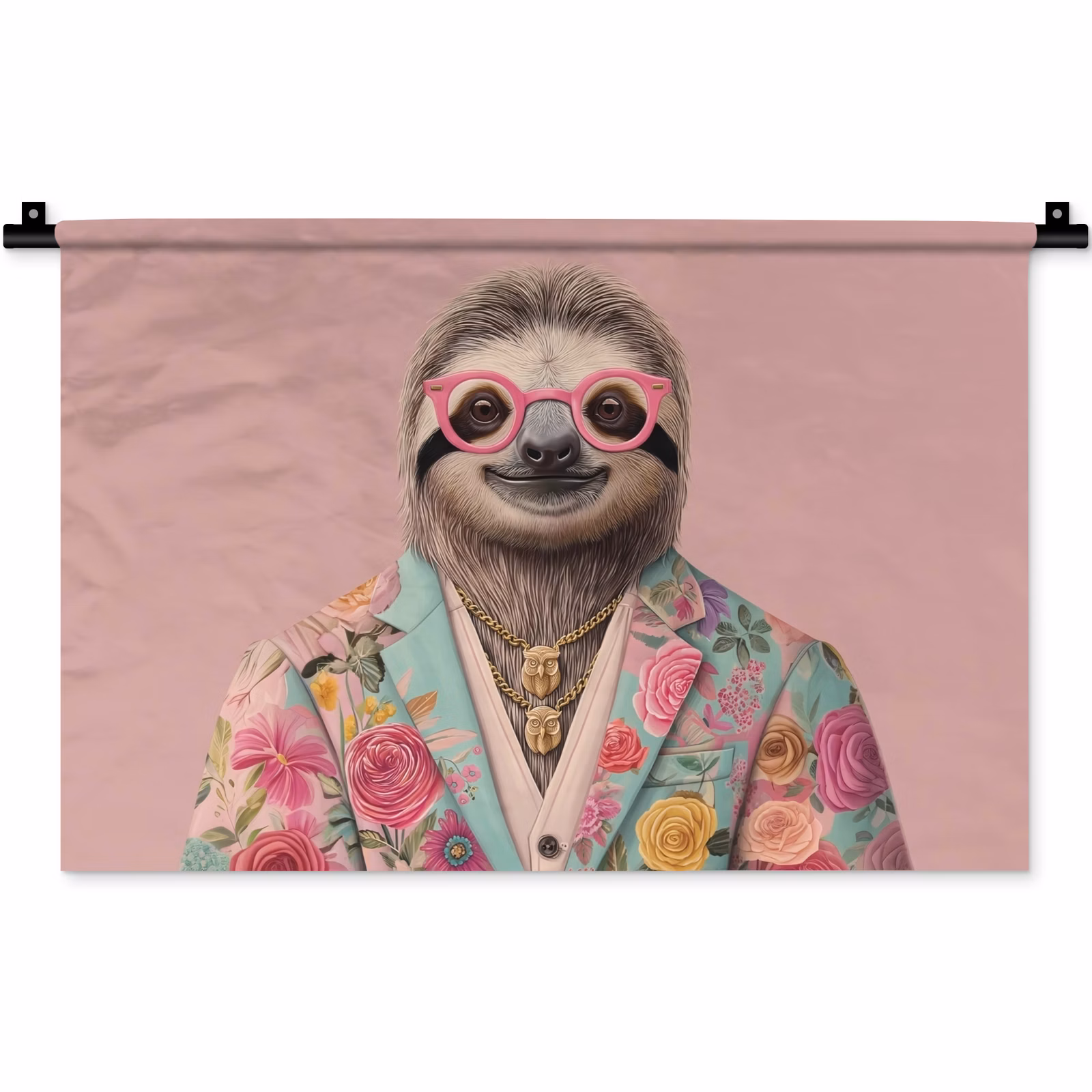 Wandkleed - Luiaard - Bloemenprint - Bril - Roze — 1
