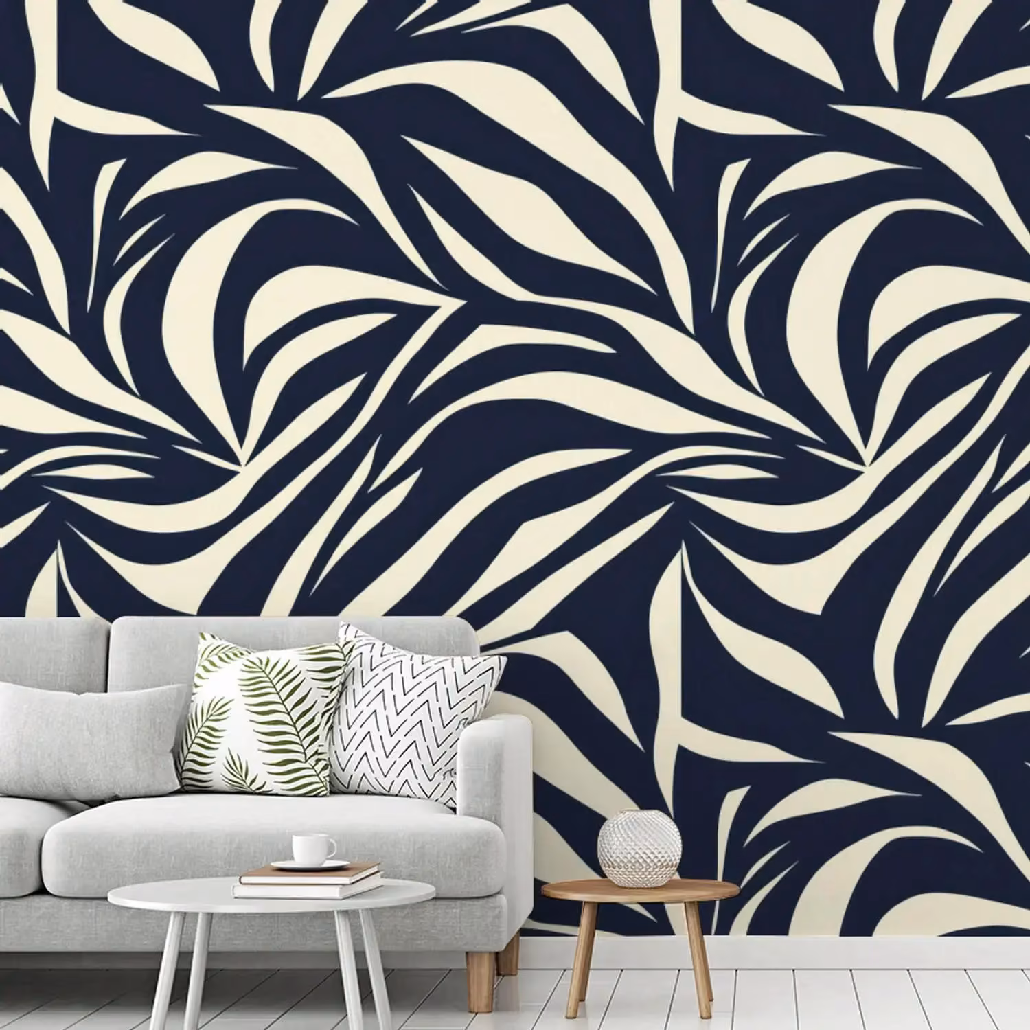 Behang - Bladvormen - Blauw - Patroon - Wit