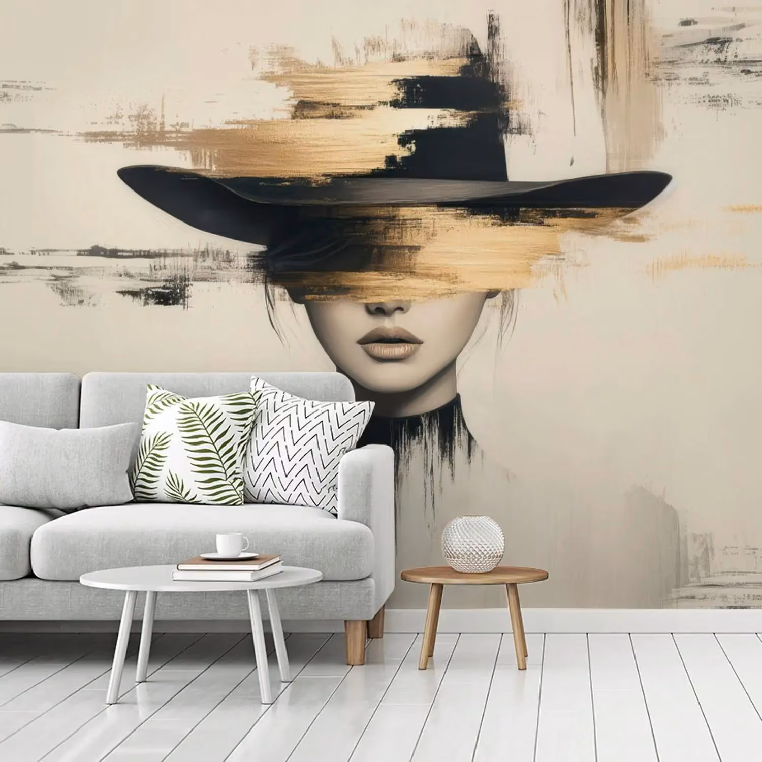 Behang - Vrouw - Hoed - abstract - Verf