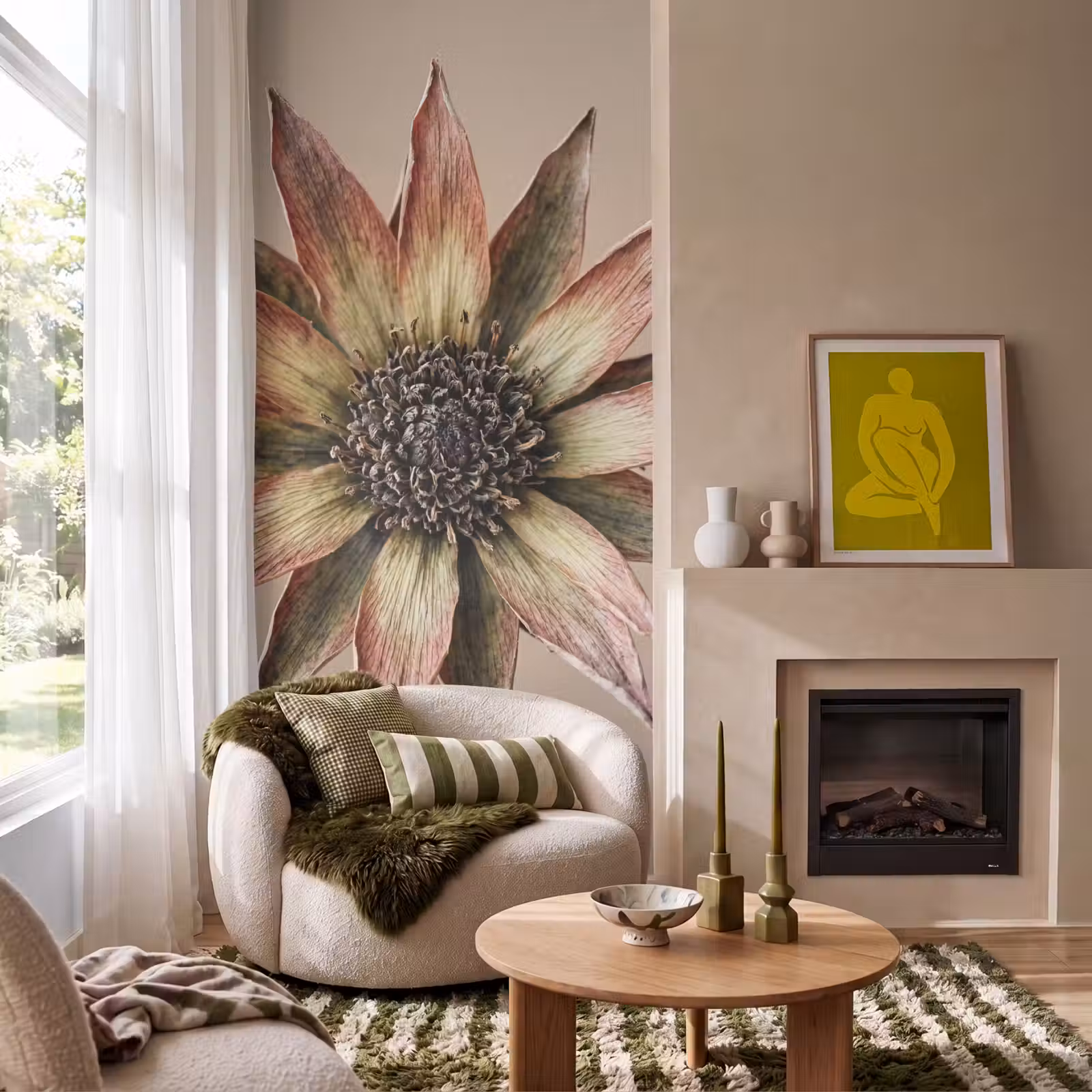 Behang - Droogbloem - Protea - Vintage - Beige - Rustiek — 1