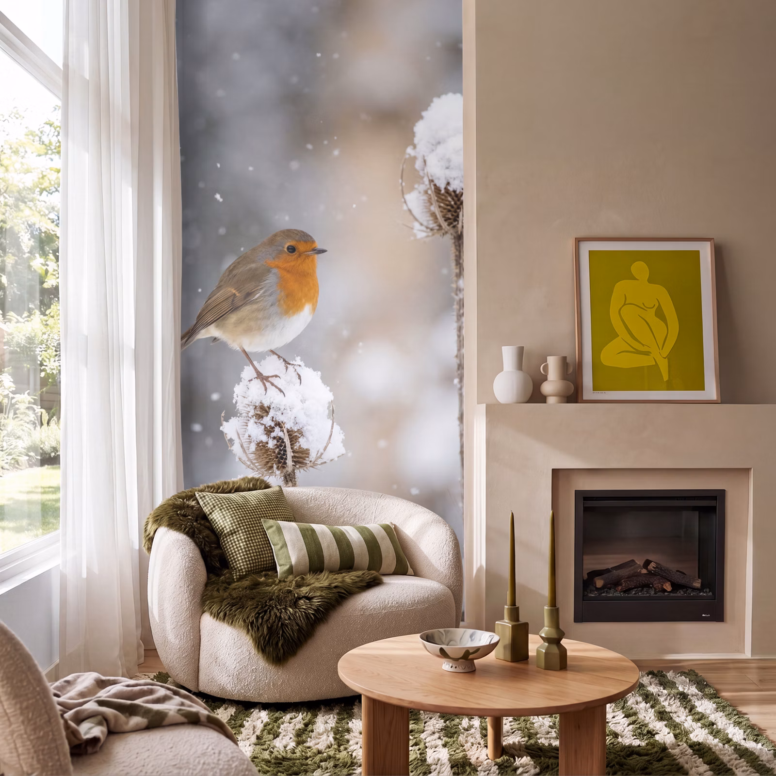 Behang - Roodborstje - Gedroogde bloem - Sneeuw - Winter - Vertederend — 1