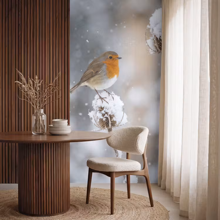 Behang - Roodborstje - Gedroogde bloem - Sneeuw - Winter - Vertederend — 4