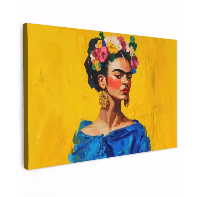 Canvas schilderij - Frida Kahlo - Vrouw - Geel - Blauw - Bloemen — 1