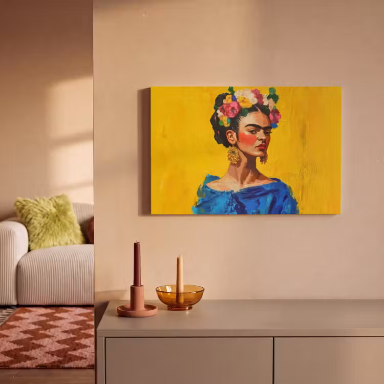 Canvas schilderij - Frida Kahlo - Vrouw - Geel - Blauw - Bloemen — 2