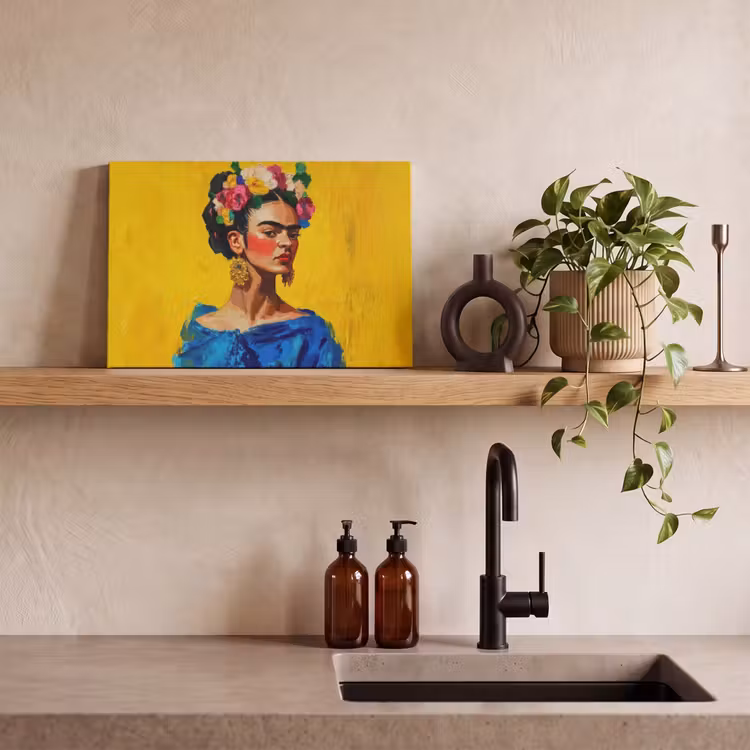 Canvas schilderij - Frida Kahlo - Vrouw - Geel - Blauw - Bloemen — 3