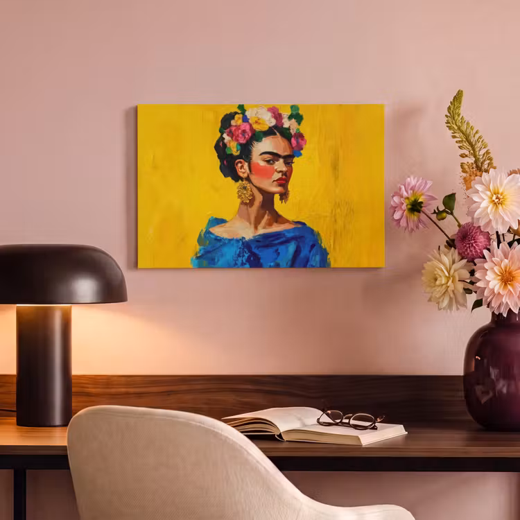 Canvas schilderij - Frida Kahlo - Vrouw - Geel - Blauw - Bloemen — 4