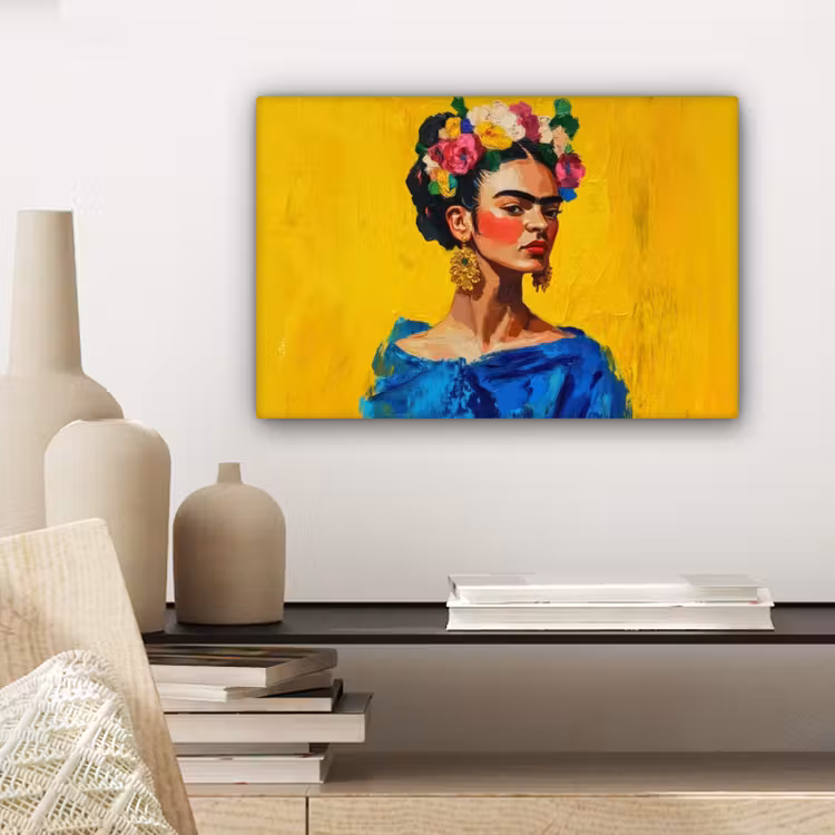 Canvas schilderij - Frida Kahlo - Vrouw - Geel - Blauw - Bloemen — 5