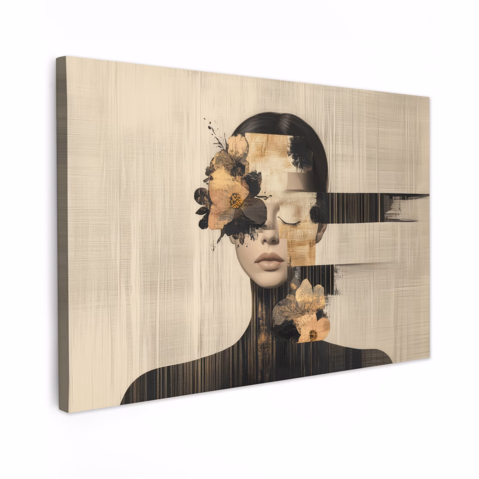 Canvas schilderij - Gezicht - Bloemen - Zwart - Vrouw — 1