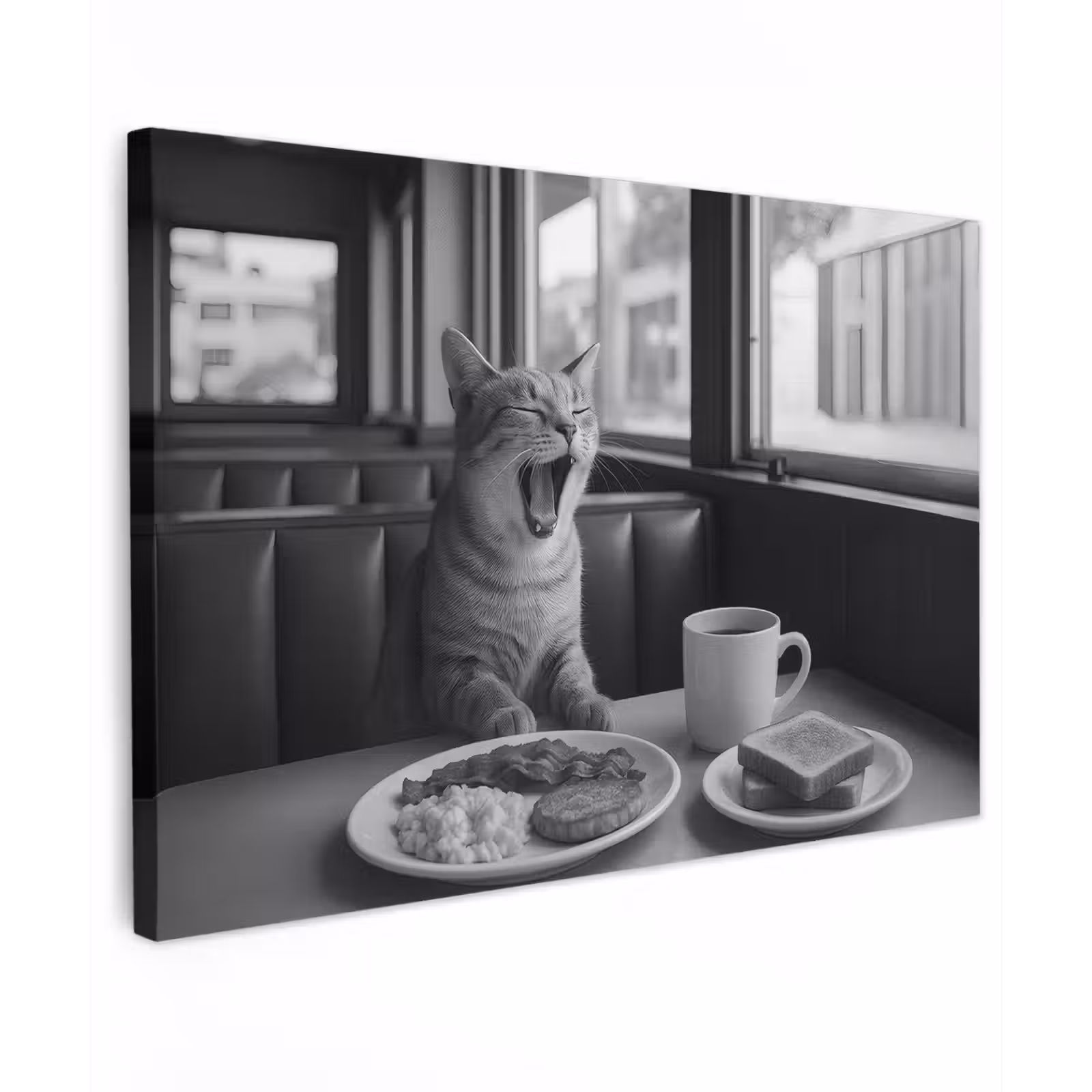 Canvas schilderij - Kat - Koffie - Brood - Zwart — 1