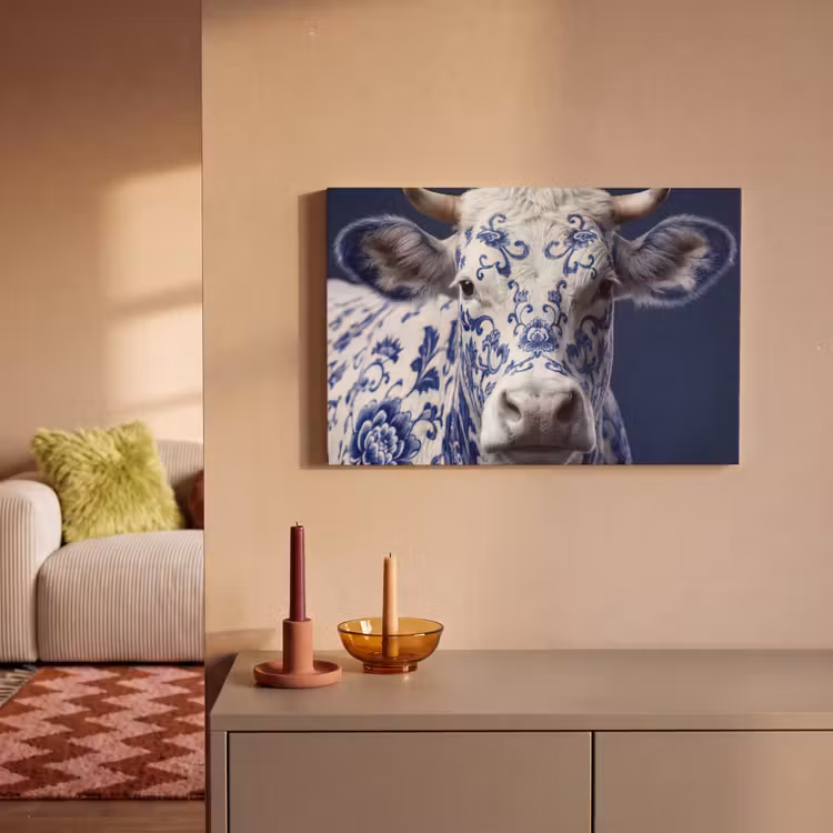 Canvas schilderij - Koe - Delfts - Blauw - Artistiek — 2