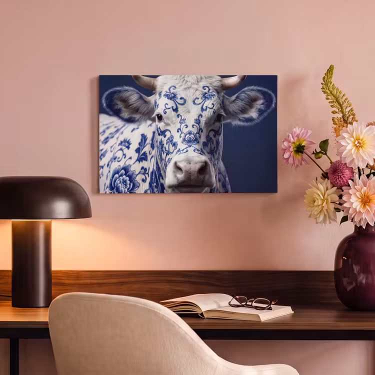 Canvas schilderij - Koe - Delfts - Blauw - Artistiek — 4