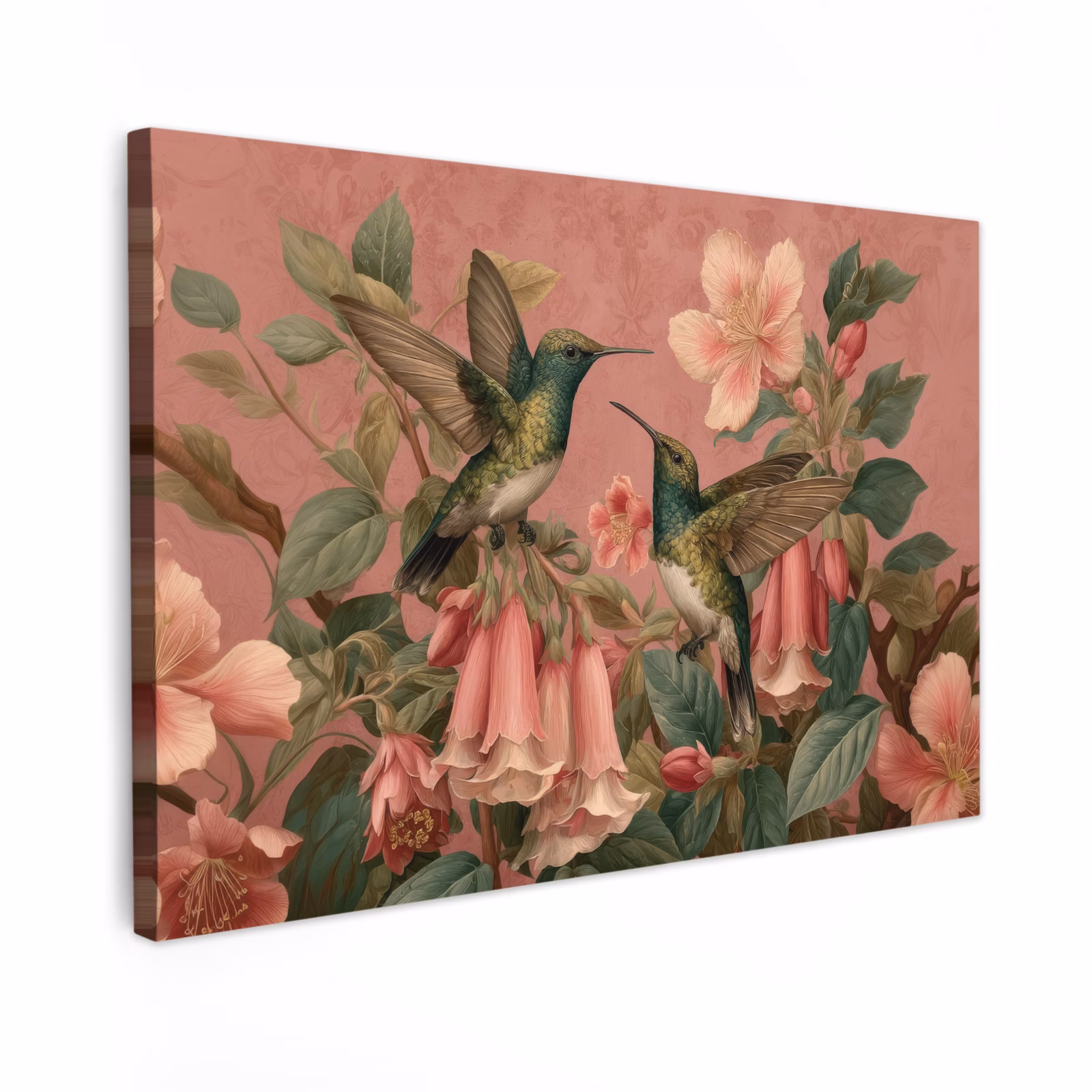 Canvas schilderij - Kolibries - Bloemen - Groen - Roze — 1