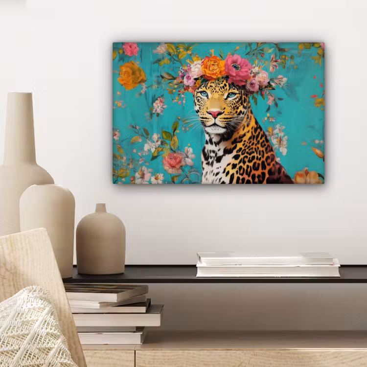 Canvas schilderij - Luipaard - Bloemen - Kroon — 5