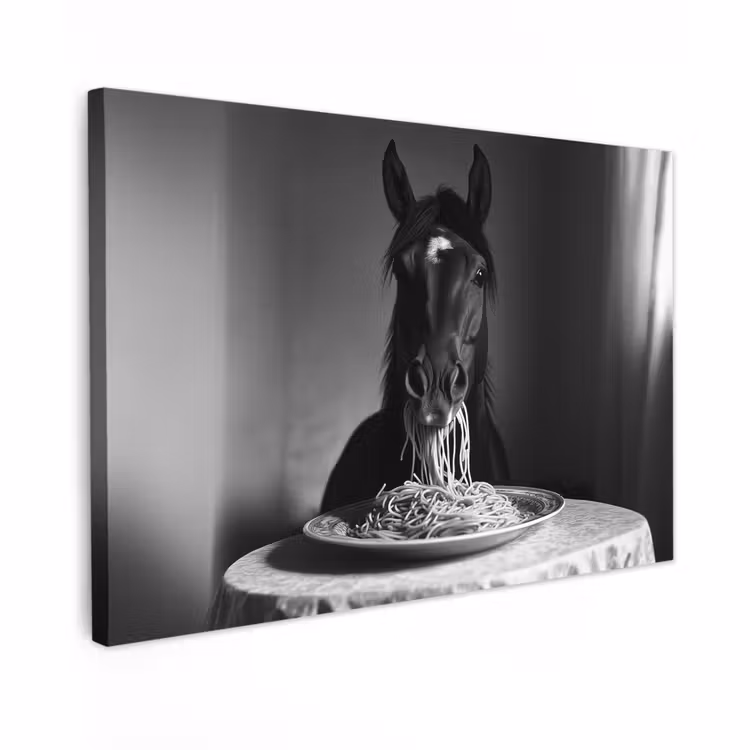 Canvas schilderij - Paard - Bord - Pasta - Tafelkleed - Zwart Wit - Dieren — 1