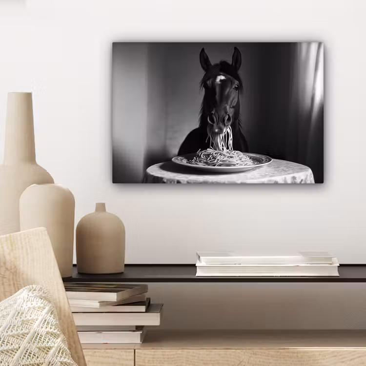 Canvas schilderij - Paard - Bord - Pasta - Tafelkleed - Zwart Wit - Dieren — 5
