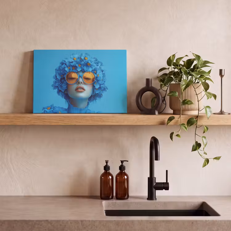 Canvas schilderij - Vrouw - Bloem - Blauw - Modern - Bril - Portret — 3