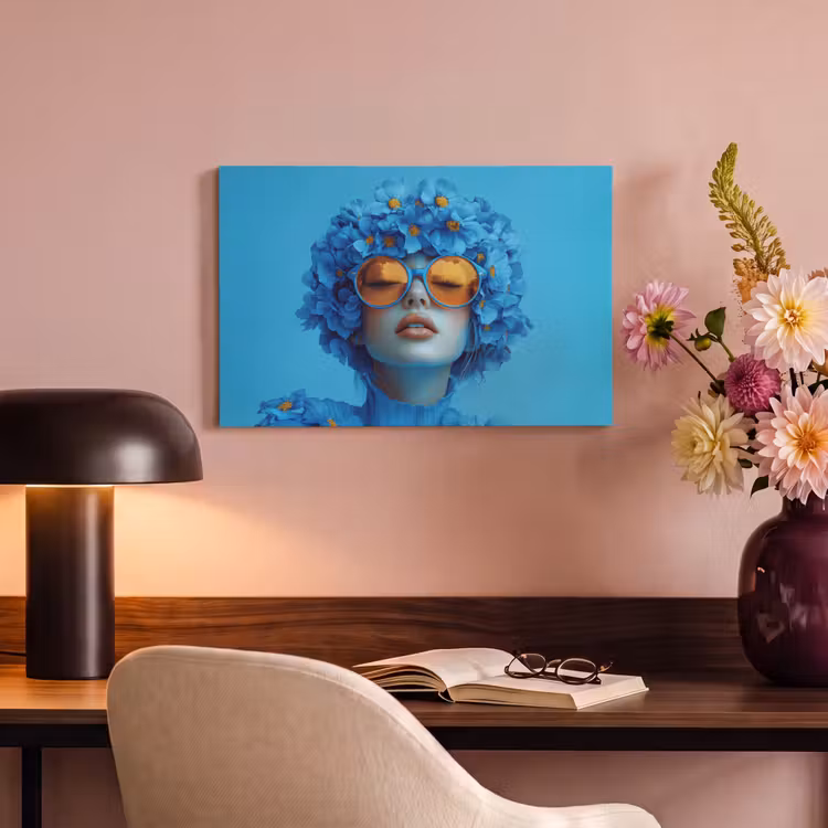 Canvas schilderij - Vrouw - Bloem - Blauw - Modern - Bril - Portret — 4