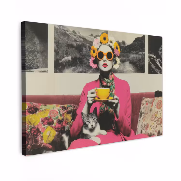 Canvas schilderij - Vrouw - Kat - Bloemen - Kopje - Retro — 1