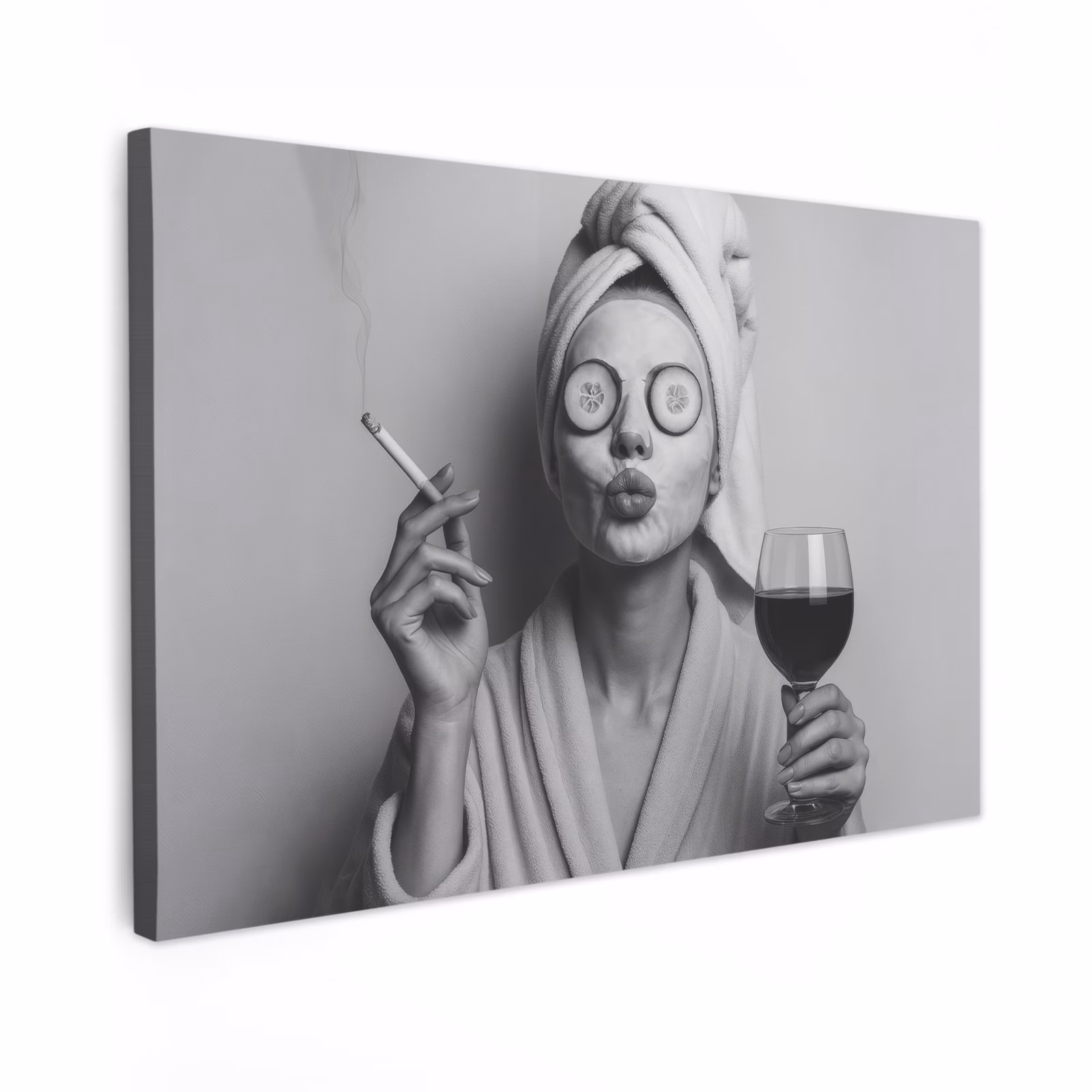 Canvas schilderij - Vrouw - Masker - Wijn - Sigaret — 1