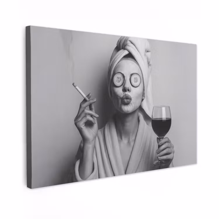 Canvas schilderij - Vrouw - Masker - Wijn - Sigaret — 1