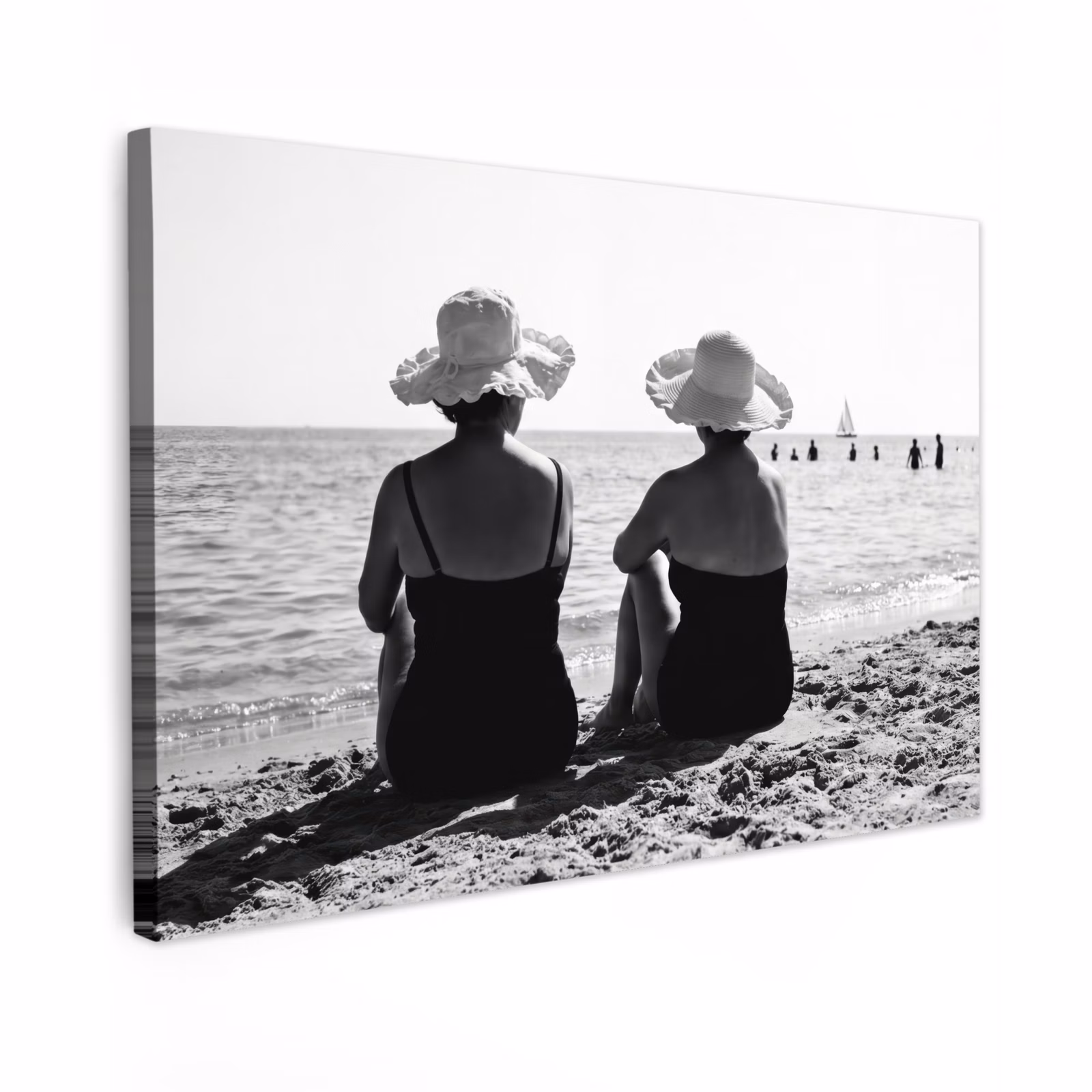 Canvas schilderij - Vrouwen - Zonnehoed - Strand - Zwart - Wit — 1