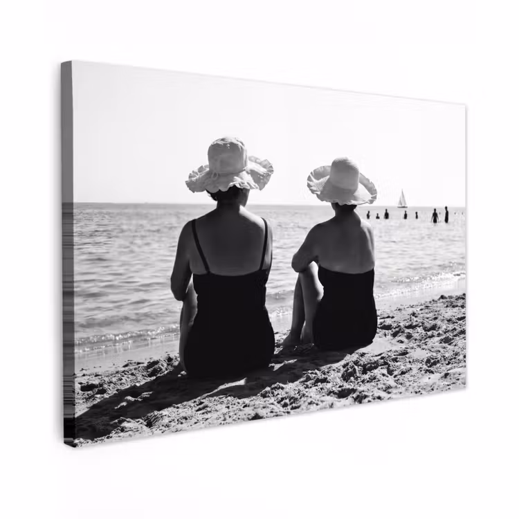 Canvas schilderij - Vrouwen - Zonnehoed - Strand - Zwart - Wit — 1