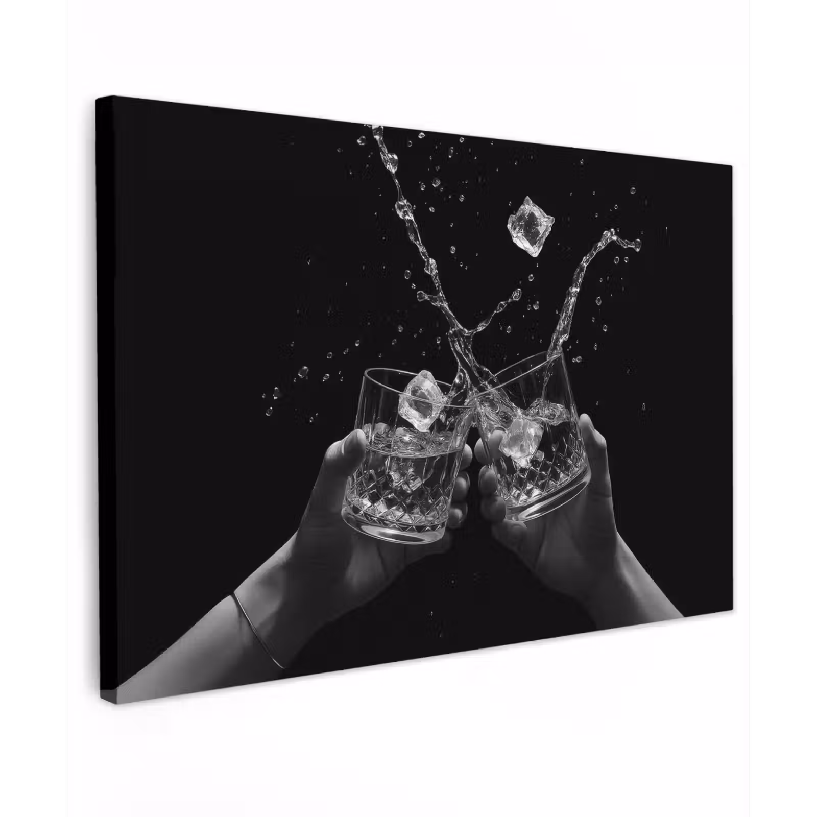 Canvas schilderij - Whiskyglazen - Ijs - Spetters - Zwart — 1