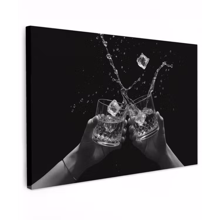 Canvas schilderij - Whiskyglazen - Ijs - Spetters - Zwart — 1