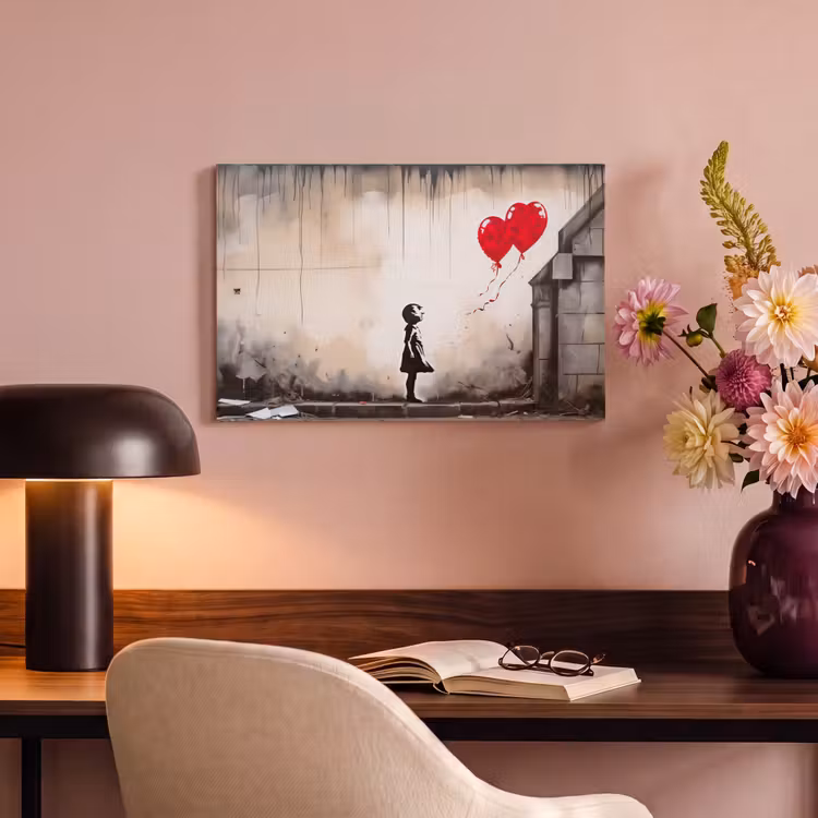 Canvas schilderij - Kunst - Meisje - Ballonnen - Hart - Grijs — 4