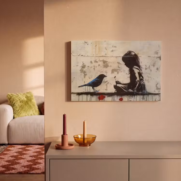 Canvas schilderij - Street art - Meisje - Vogel - Graffiti - Banksy — 2