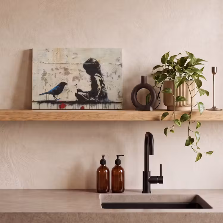Canvas schilderij - Street art - Meisje - Vogel - Graffiti - Banksy — 3