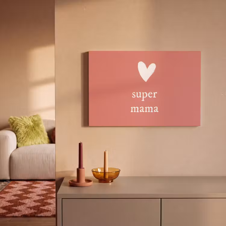 Canvas schilderij - Presentje voor Moederdag super mama roze/wit — 2