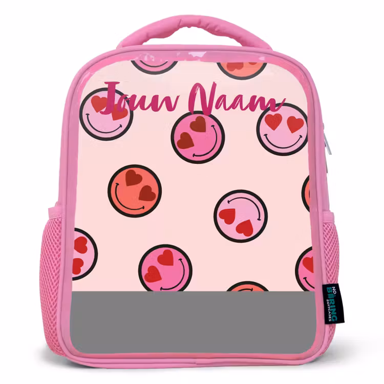 Rugzak kind met naam - Roze Hartje - Smiley - Patroon — 1