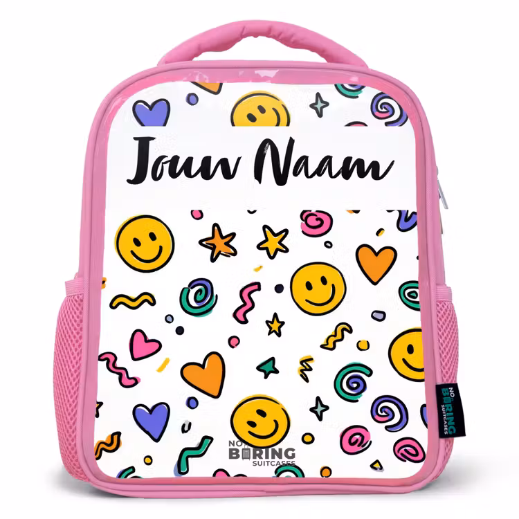 Rugzak kind met naam - Roze Smiley - Hartje - Ster — 1