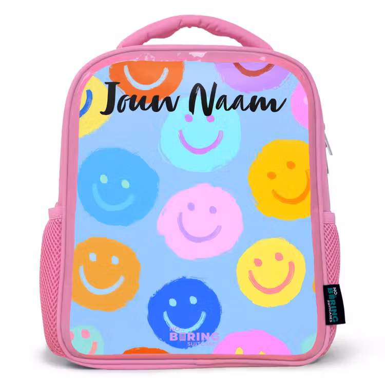 Rugzak kind met naam - Roze Vrolijk patroon van smileys — 1