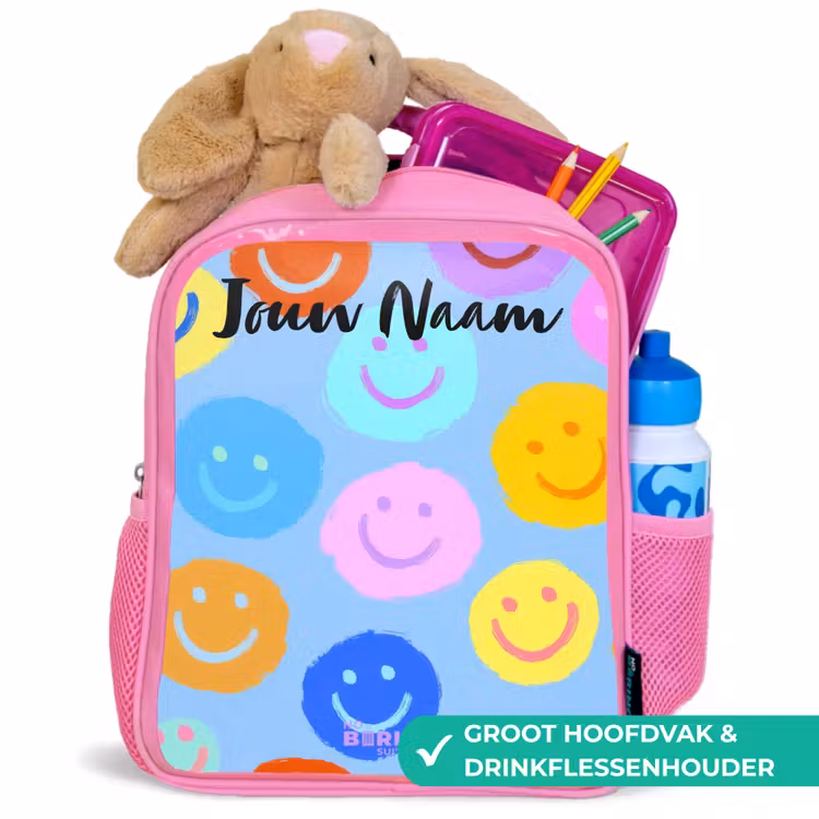 Rugzak kind met naam - Roze Vrolijk patroon van smileys — 2