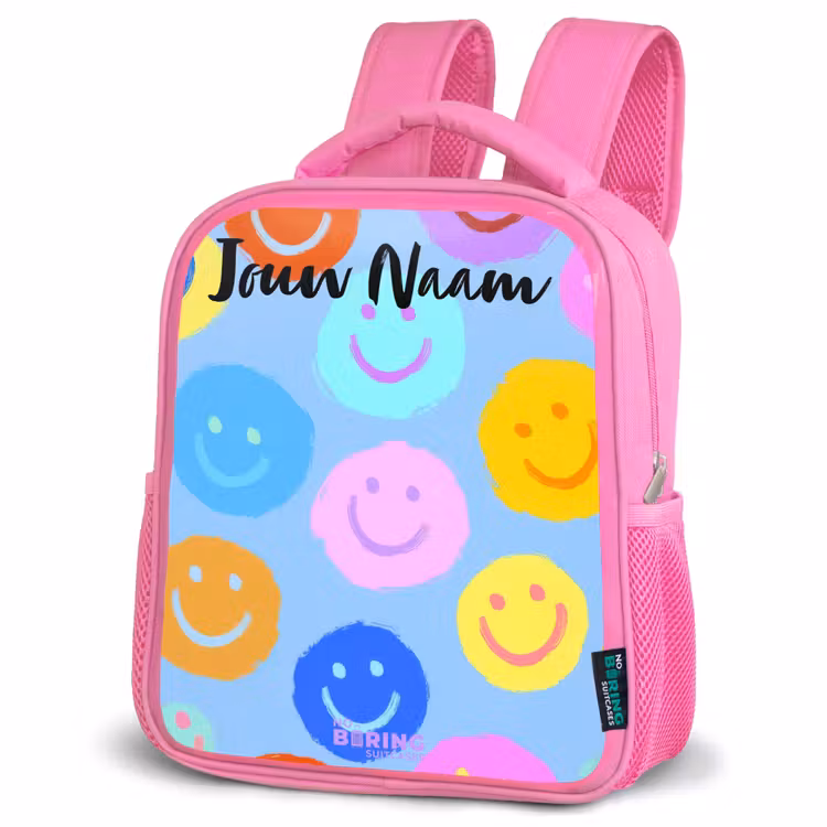 Rugzak kind met naam - Roze Vrolijk patroon van smileys — 4