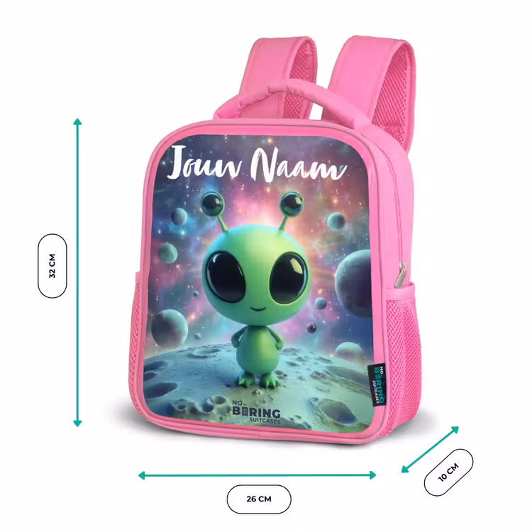 Rugzak kind met naam - Roze Groen buitenaards wezentje op maanlandschap — 3