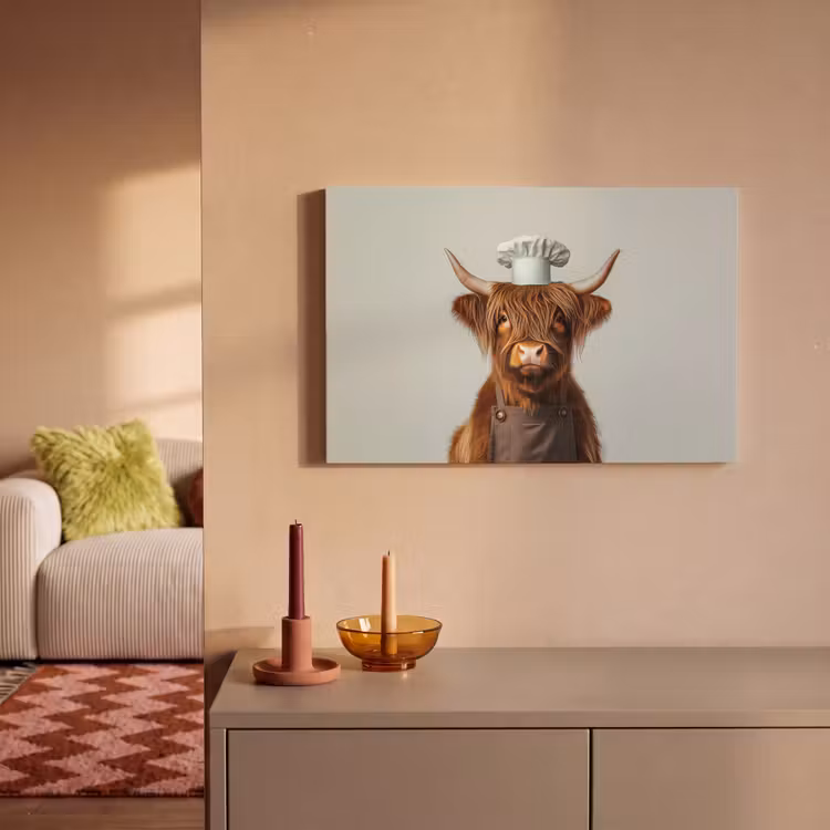 Canvas schilderij - Schotse Hooglander - Bruin - Hoorns - Kokskleding — 2