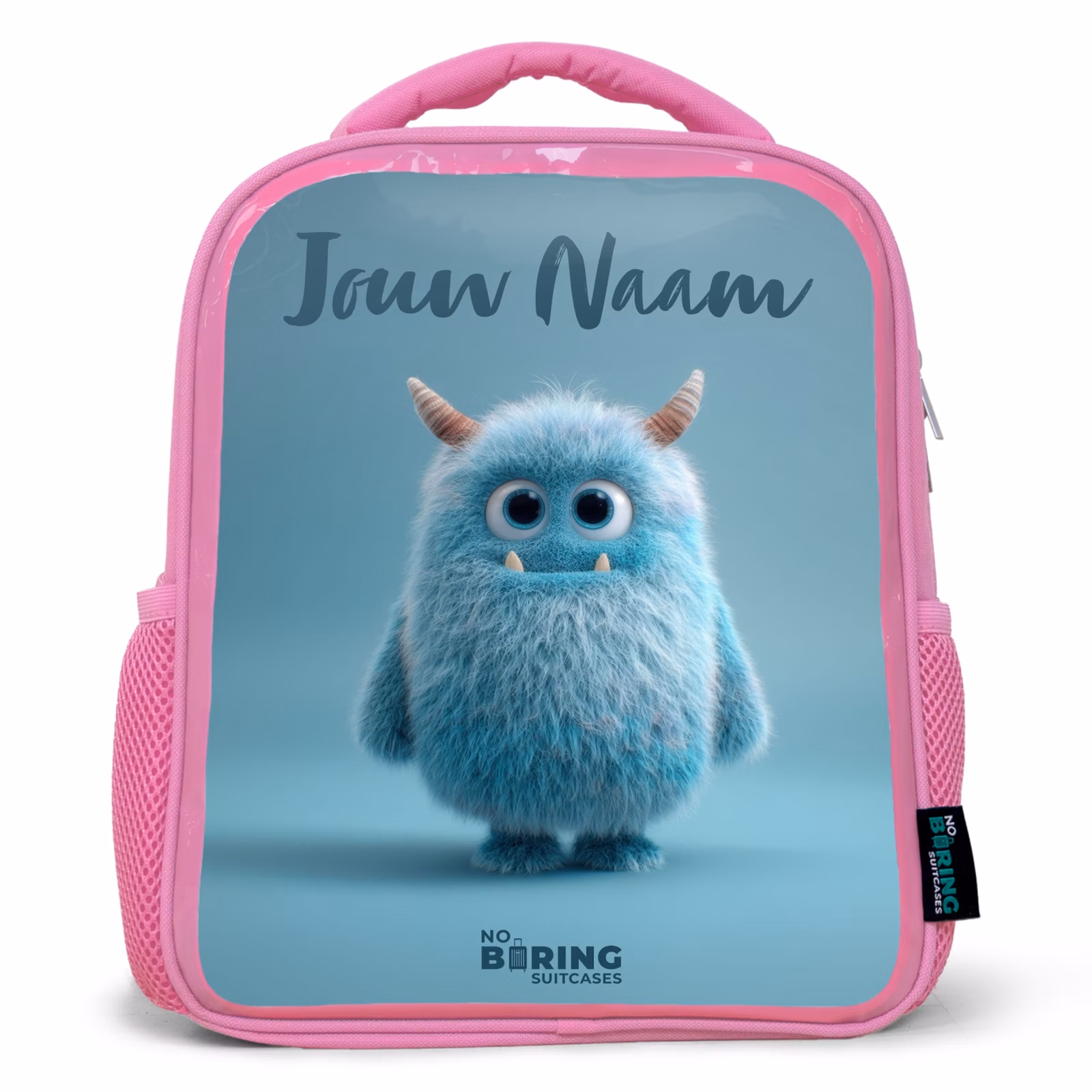 Rugzak kind met naam - Roze Blauw pluizig monster met hoorns — 1