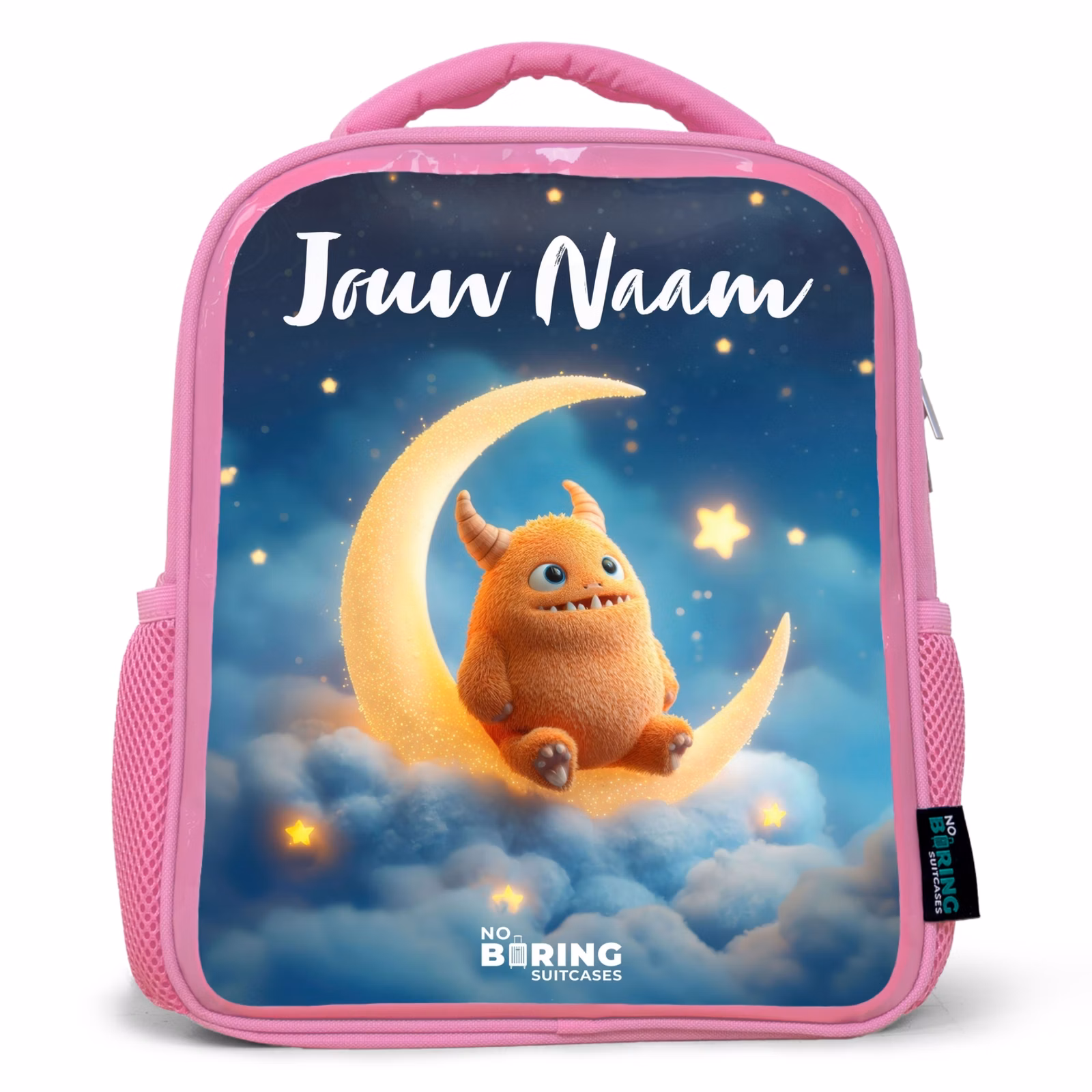 Rugzak kind met naam - Roze Oranje monster op maansikkel — 1