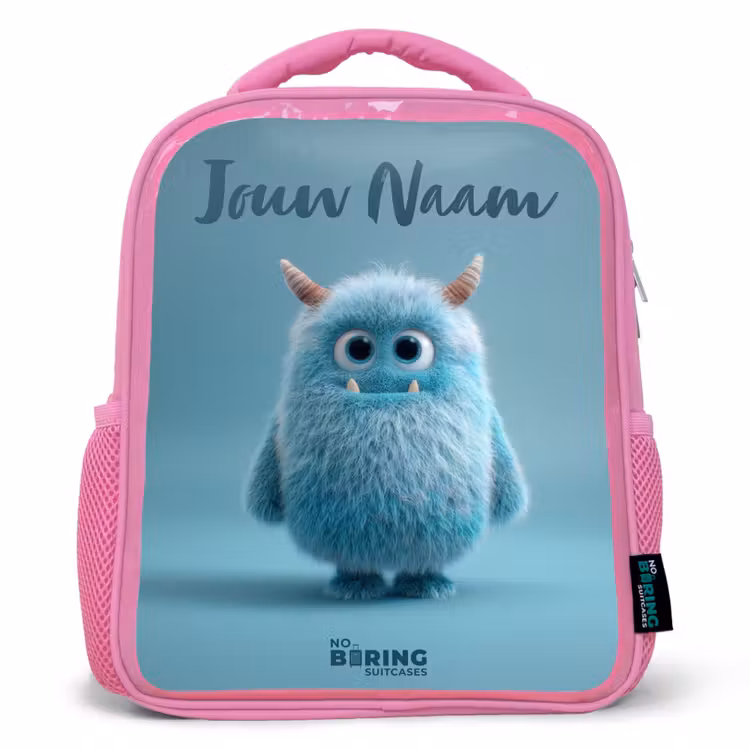 Rugzak kind met naam - Roze Blauw pluizig monster met hoorns — 1
