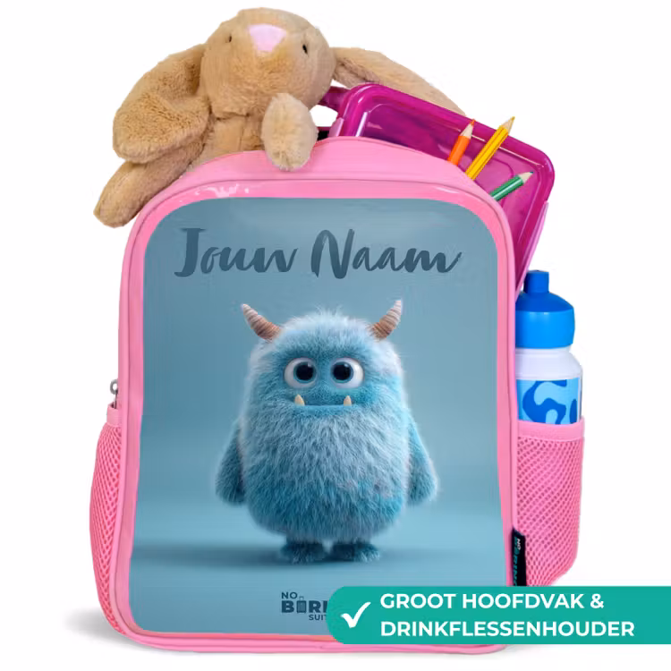 Rugzak kind met naam - Roze Blauw pluizig monster met hoorns — 2