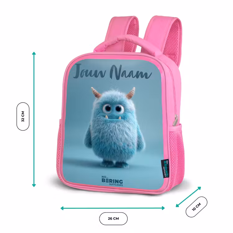 Rugzak kind met naam - Roze Blauw pluizig monster met hoorns — 3